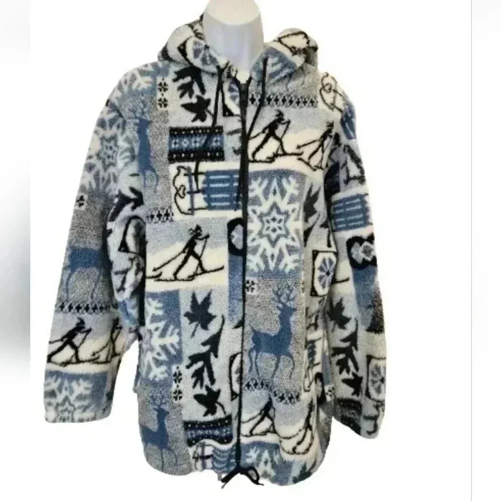 Active Stuff Vintage Fleece Jacket Ski Print Blue White Zip Up Size Small USA
